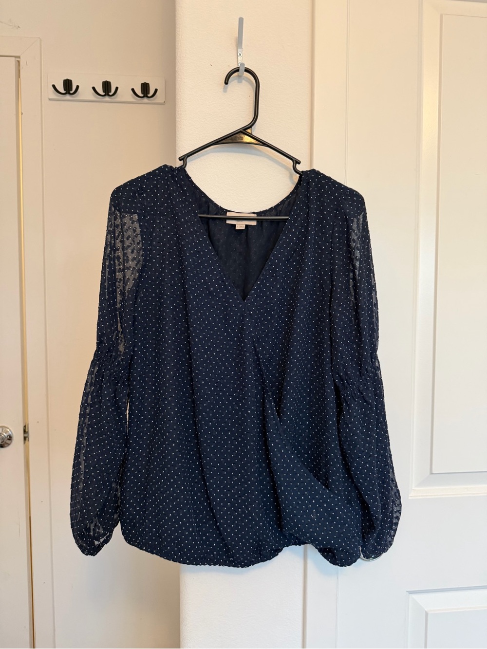 LOFT Navy Polka Dot V-Neck Blouse with Sheer Balloon Sleeves